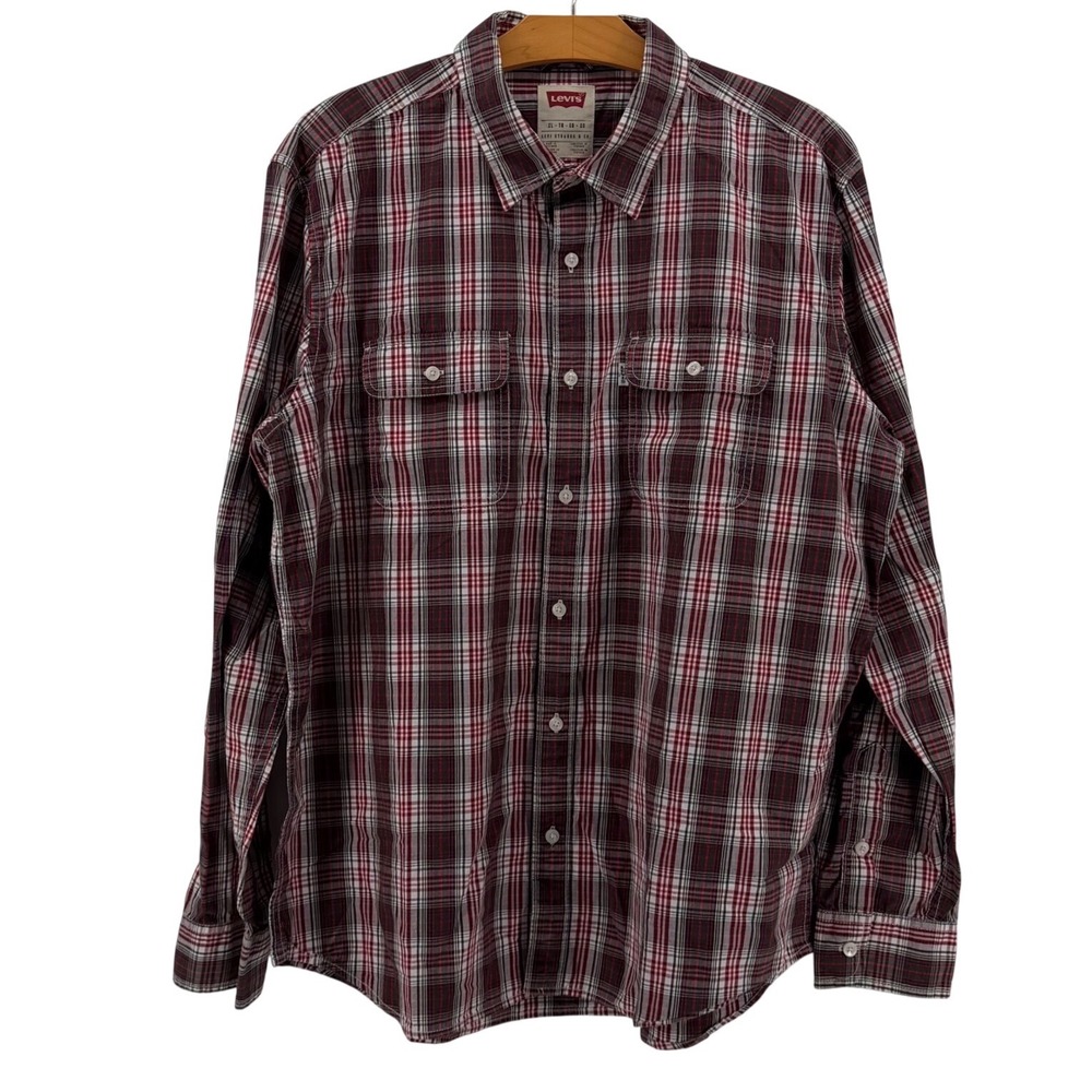 Levis Cotton Plaid Shirt Mens XL Standard Fit Long Sleeve Burgundy Green Check